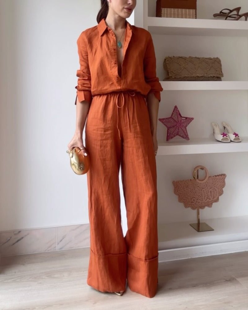 Casual Solid Color Shirt & Pants Two-piece Set