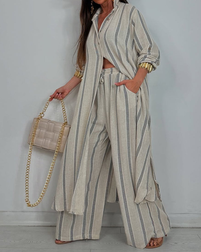 Casual Linen Striped Shirt & Pants Two-piece Set