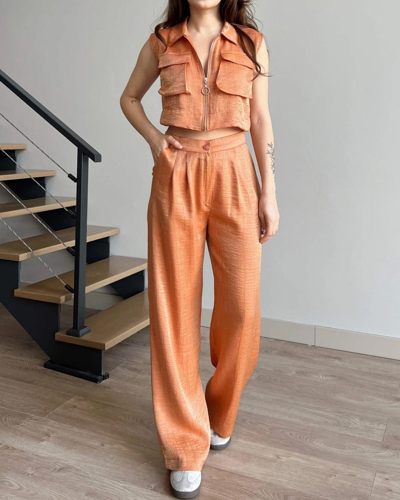 Detail Pocket Zip Vest & Pants Two-Piece Set