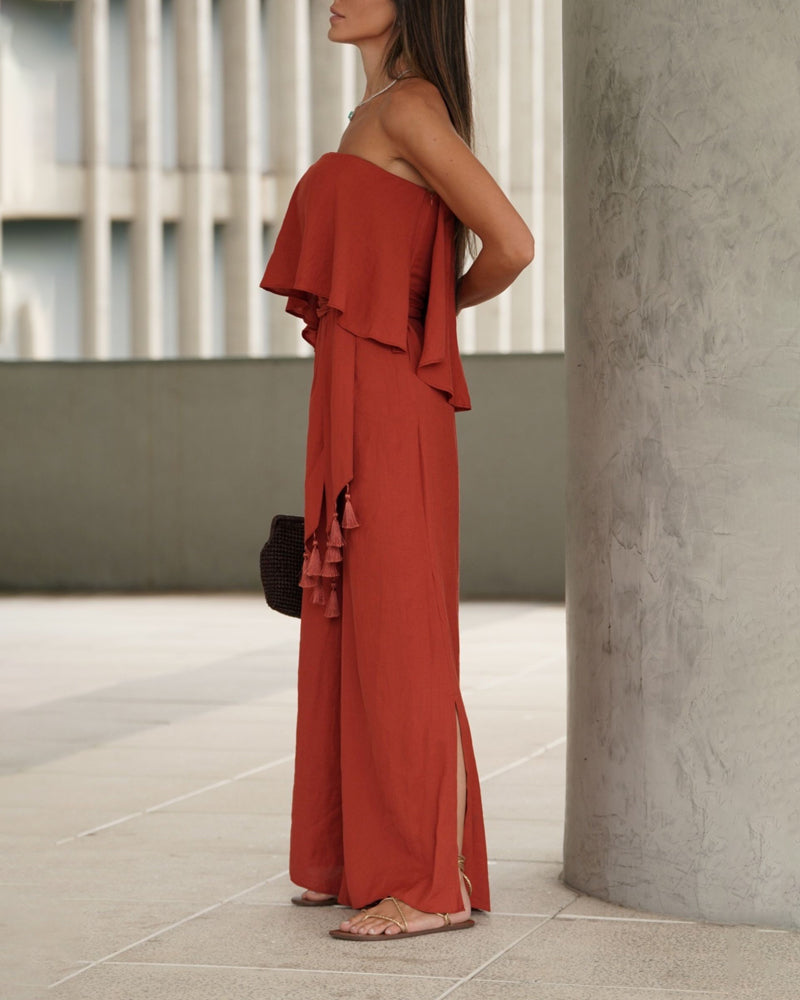 Casual Strapless Top & Tassel Belt Wide Leg Pants Two-Piece Set