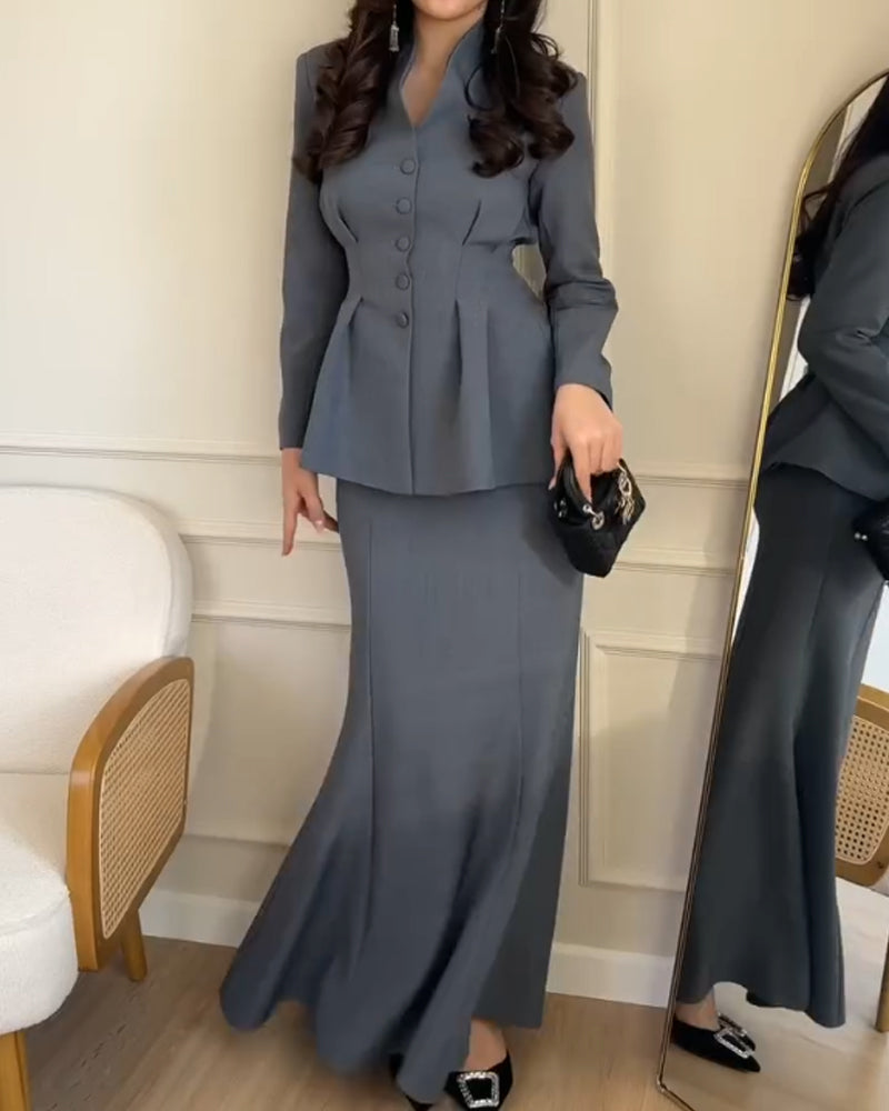 Elegant Commuter Top & Fishtail Skirt Two-Piece Set