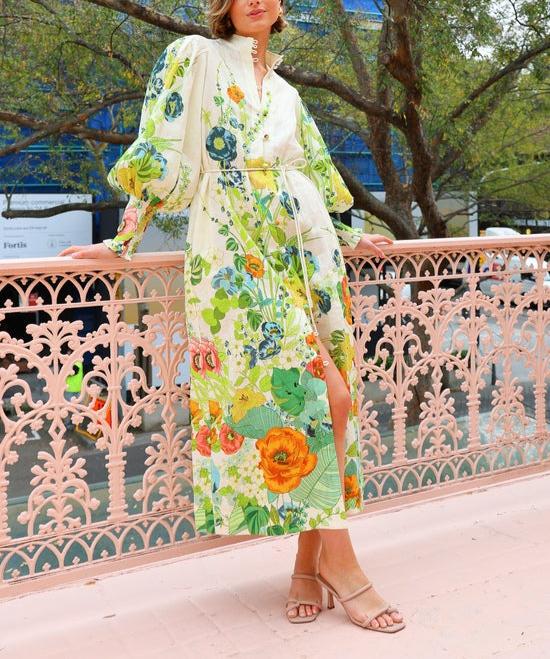 Aurora™ - Floral Print Balloon Sleeve Pocketed Belt Shirt Midi Dress