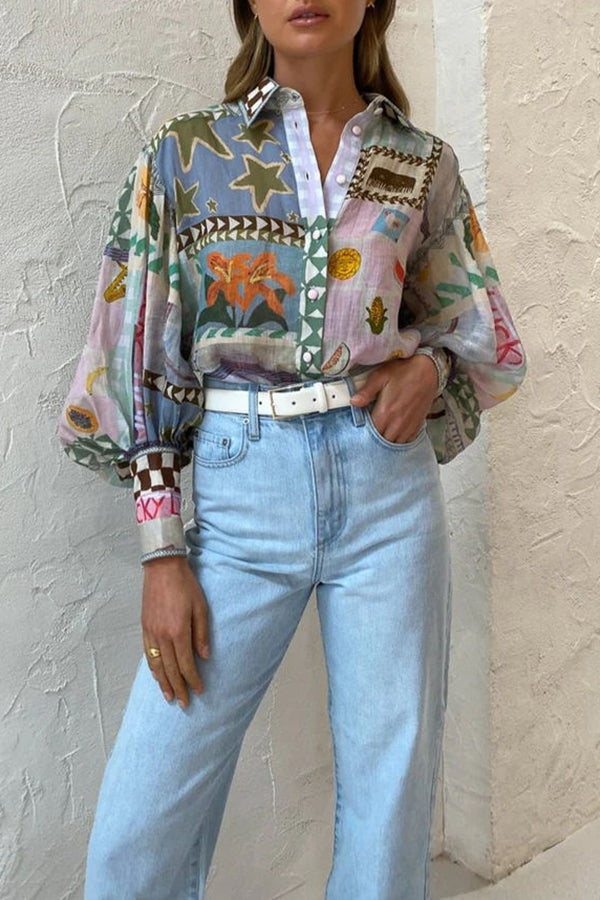 Ariana™ - Nostalgic Print Balloon Sleeve Shirt
