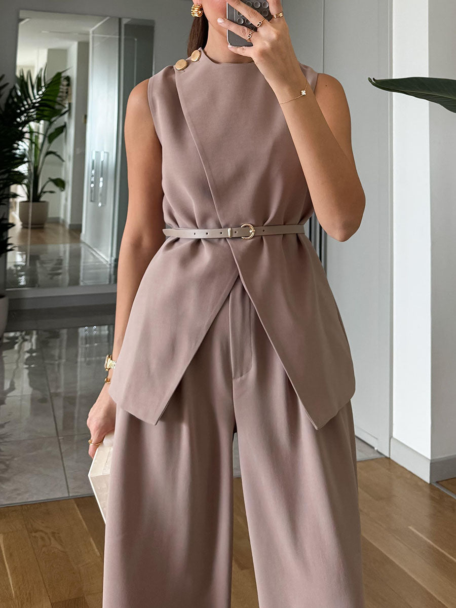 Metal buckle commuter sleeveless two-piece set