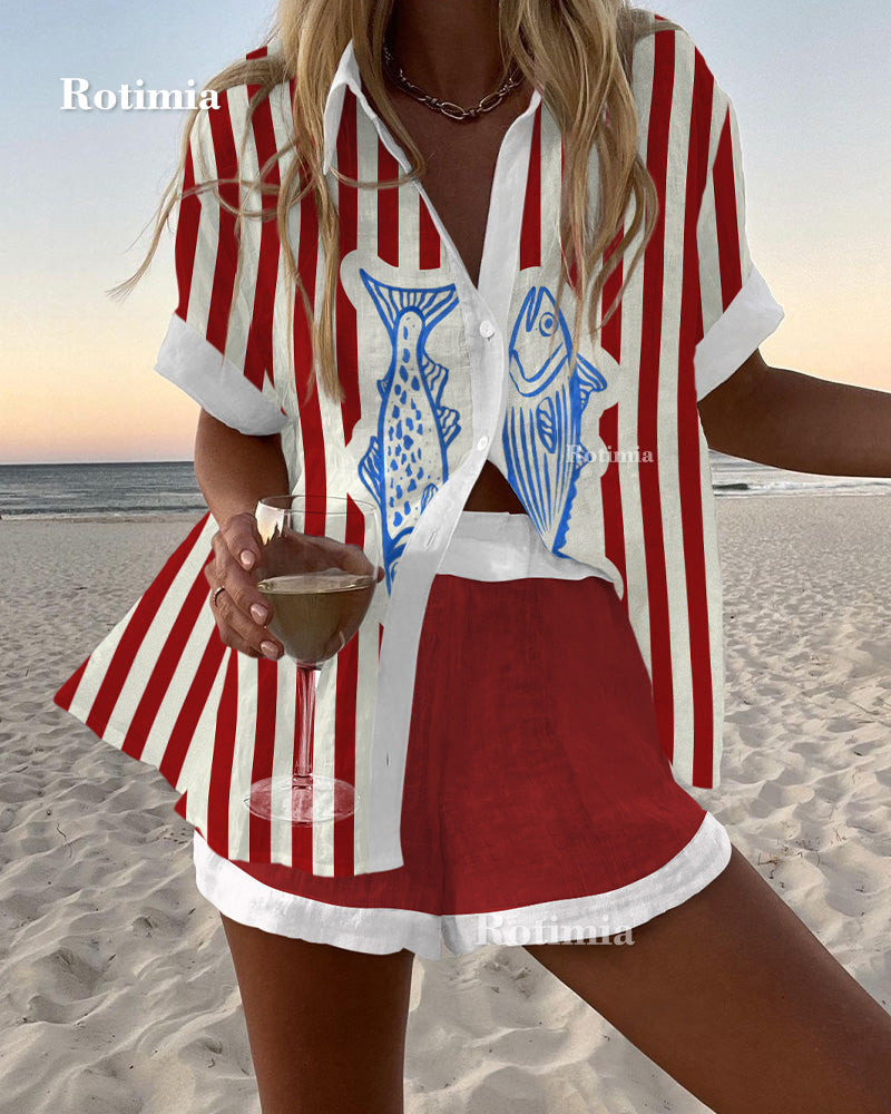 Vintage Striped Fish Print Sleeveless Dress