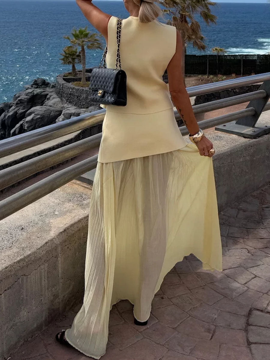 Chic knitted patchwork sleeveless two-piece set