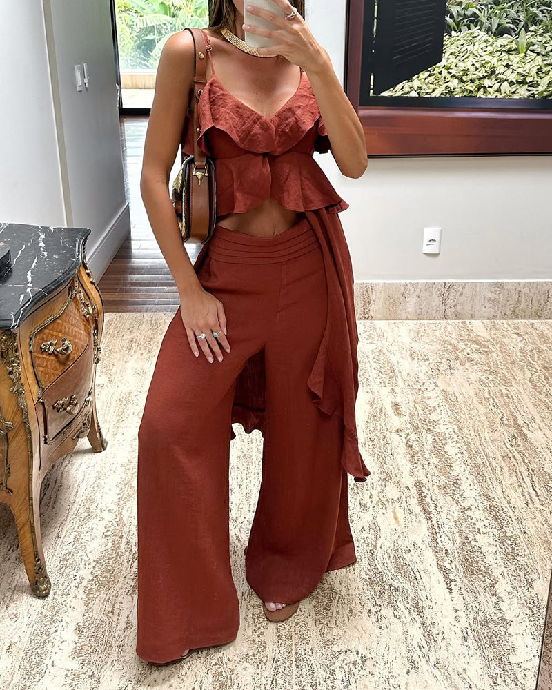 Design-Sense Irregular Ruffled Top & Pants Two-Piece Set