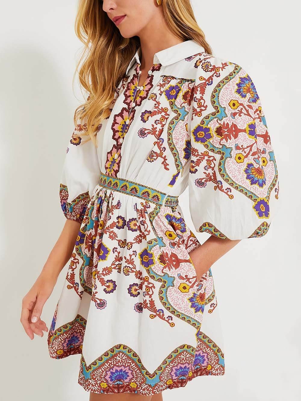 Stella™ - Unique Print Puff Sleeve Pocketed Shirt Mini Dress