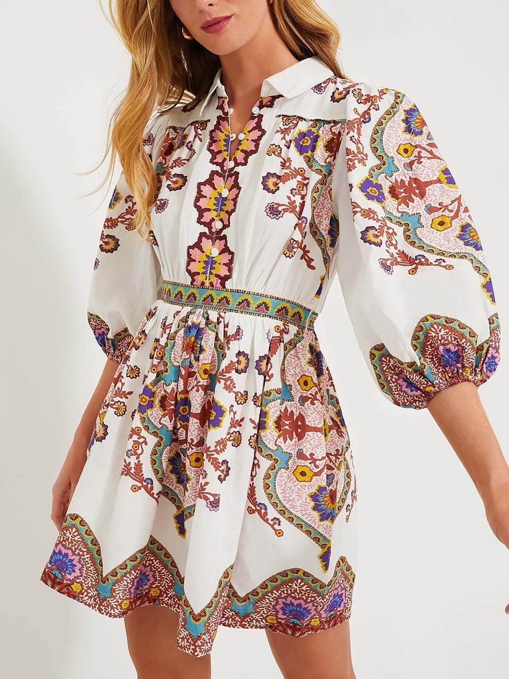 Stella™ - Unique Print Puff Sleeve Pocketed Shirt Mini Dress