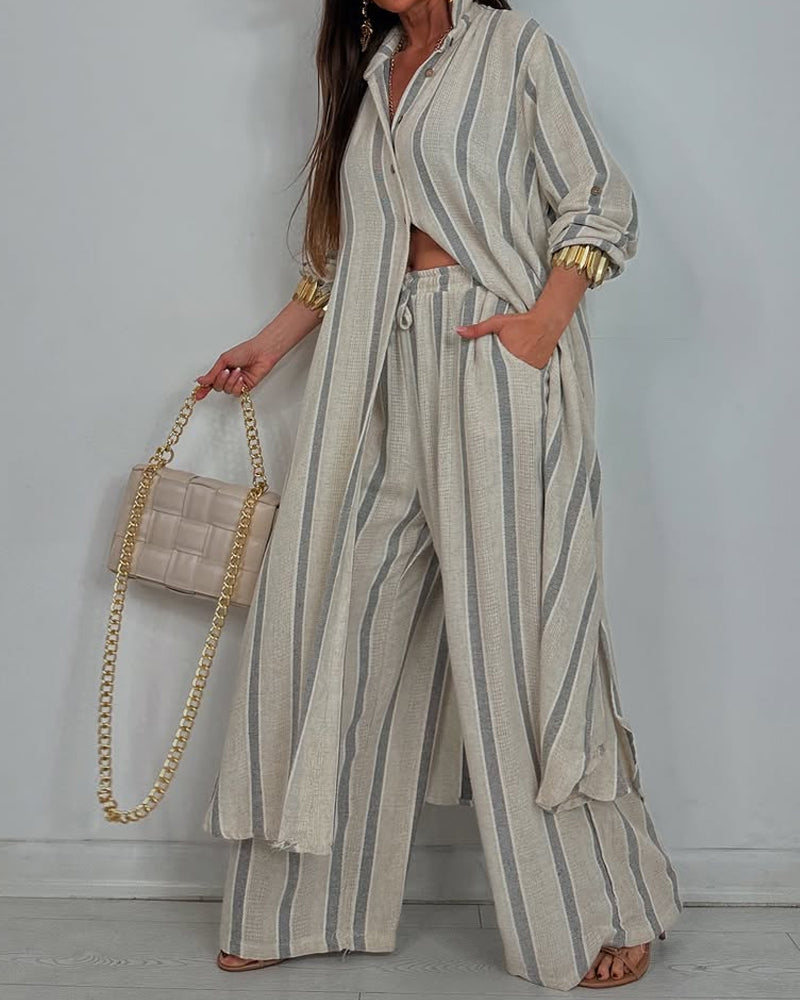 Casual Linen Striped Shirt & Pants Two-piece Set