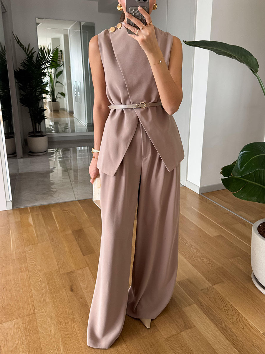 Metal buckle commuter sleeveless two-piece set