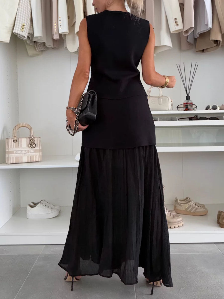 Chic knitted patchwork sleeveless two-piece set