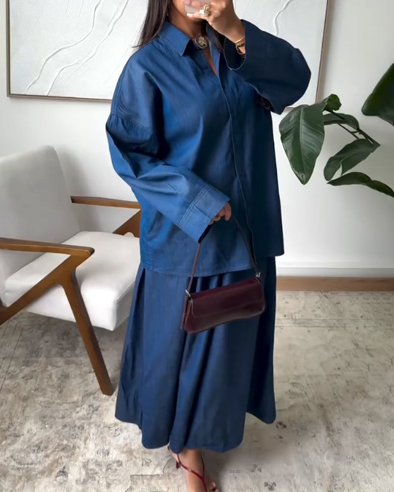 Casual Solid Shirt & Skirt Two-Piece Set