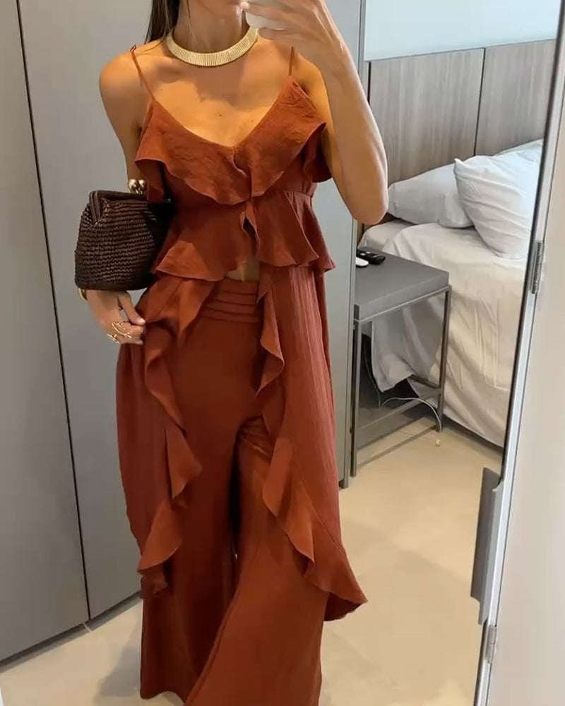 Design-Sense Irregular Ruffled Top & Pants Two-Piece Set