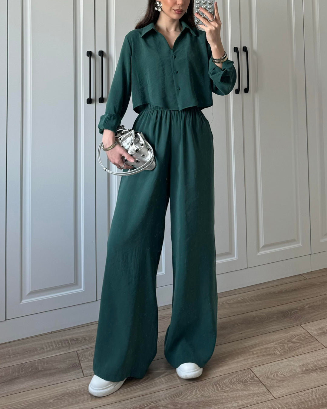 Casual Solid Color Shirt & Pants Two-piece Set
