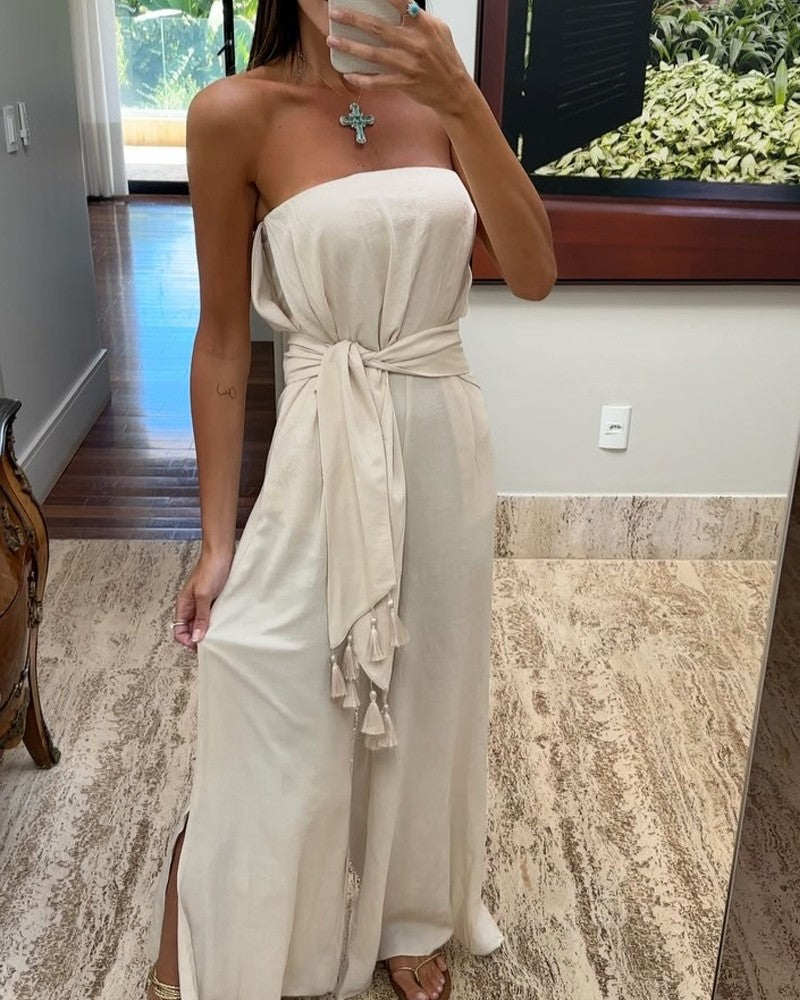 Casual Strapless Top & Tassel Belt Wide Leg Pants Two-Piece Set