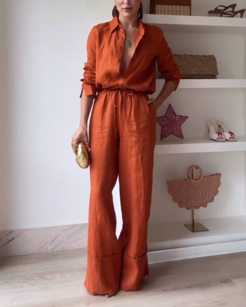 Casual Solid Color Shirt & Pants Two-piece Set