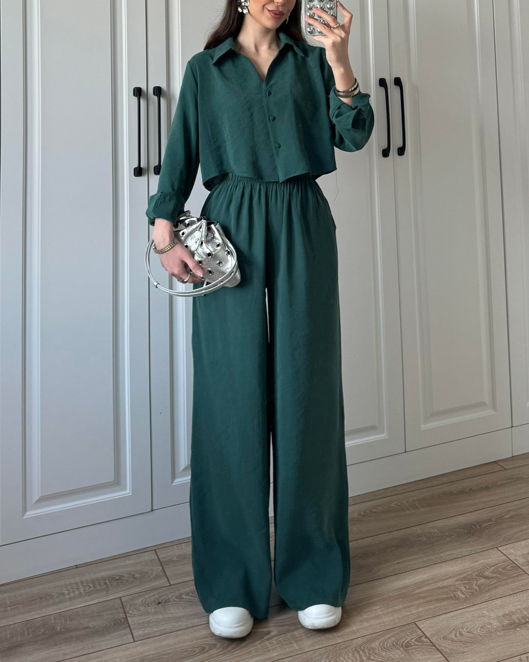 Casual Solid Color Shirt & Pants Two-piece Set