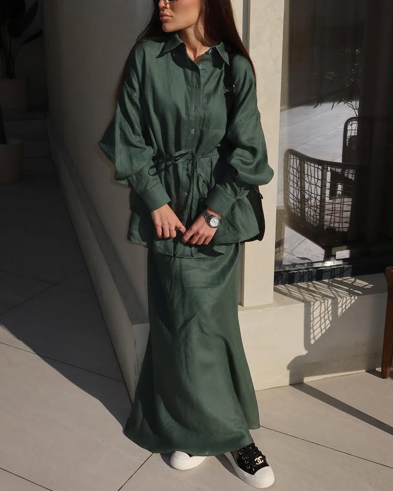 Casual Solid Shirt & Skirt Two-Piece Set