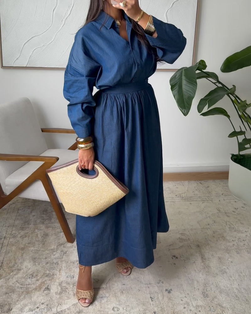 Casual Solid Shirt & Skirt Two-Piece Set