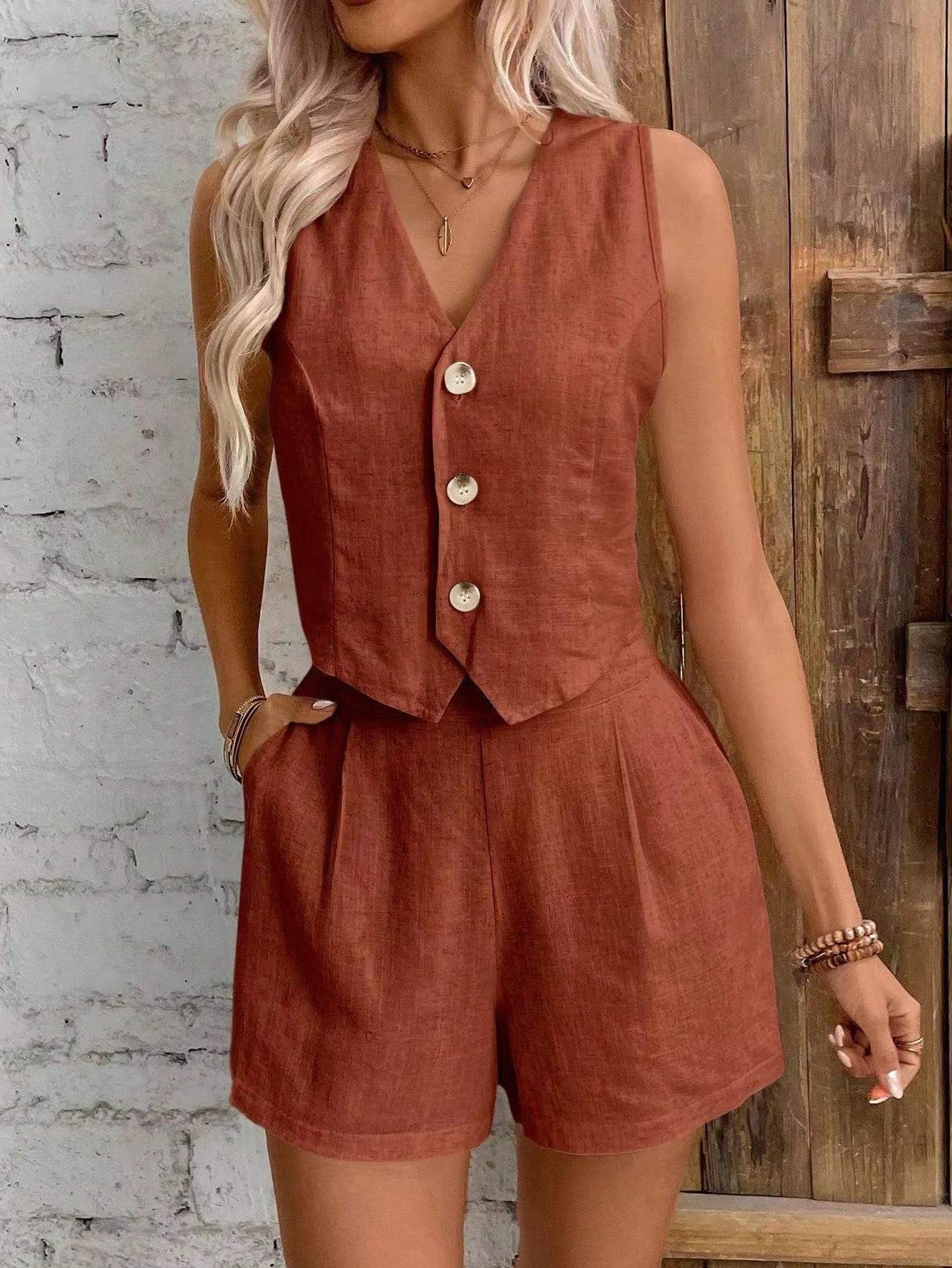 Front Buckle V-neck Vest Vest Shorts Suit