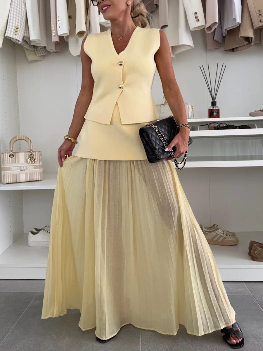 Chic knitted patchwork sleeveless two-piece set