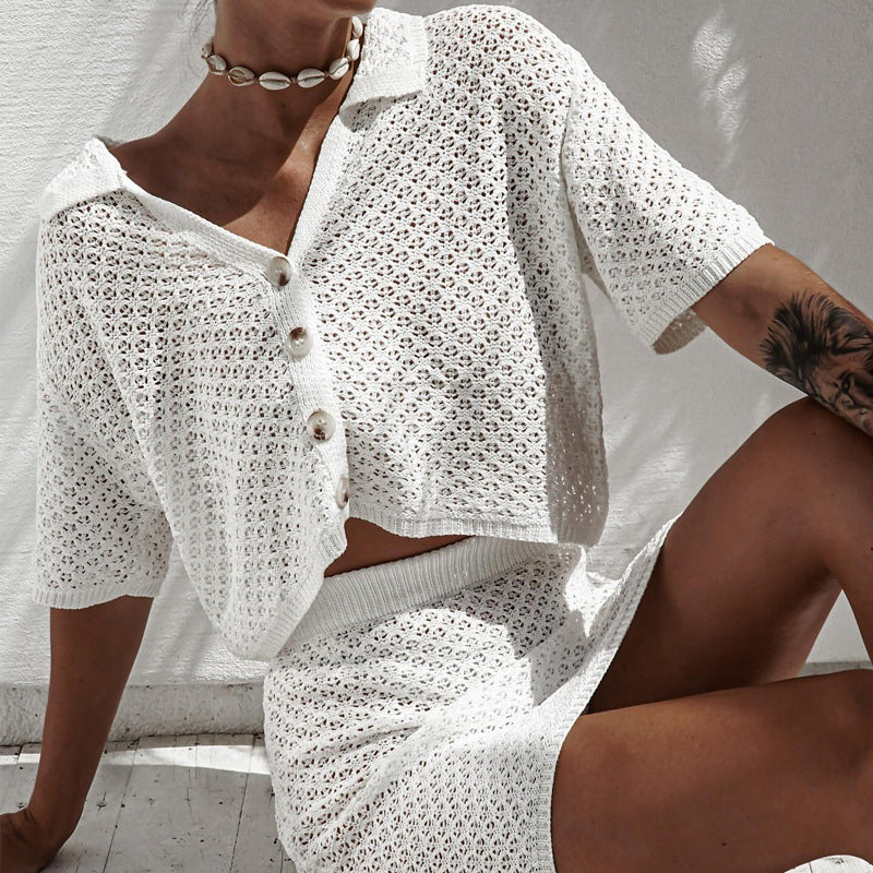Hollow-out Mesh Knitted Short-sleeved Skirt Suit