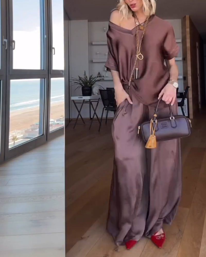 Solid V-Neck Top & Pants Two-Piece Set