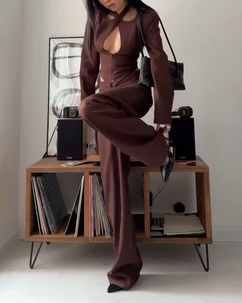 Fashion Design Hollow Top & Pants Two-piece Set