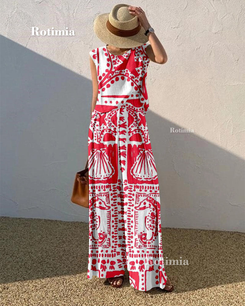 Marine Animal Print Sleeveless Top & Pants Two-Piece Set