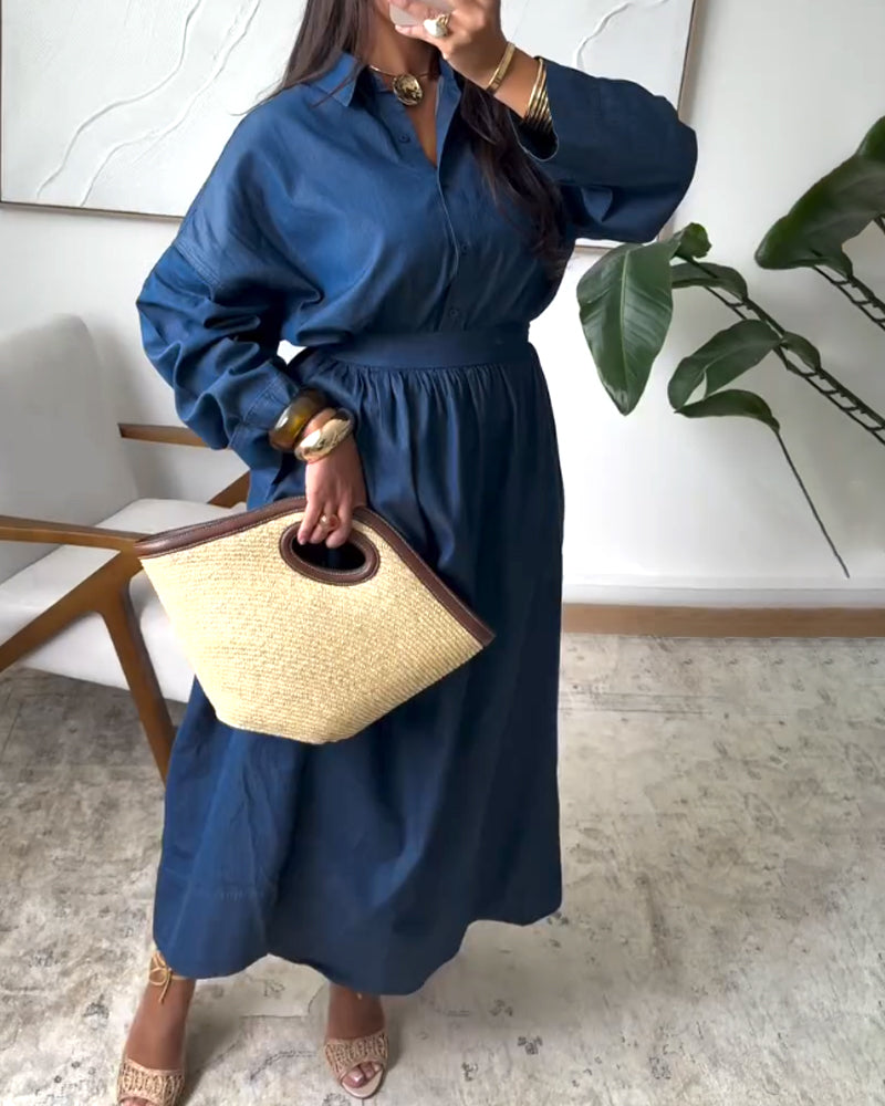 Casual Solid Shirt & Skirt Two-Piece Set