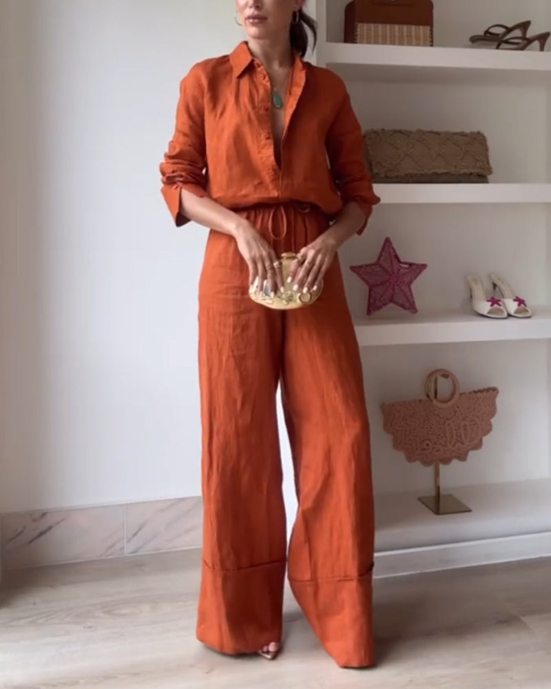 Casual Solid Color Shirt & Pants Two-piece Set