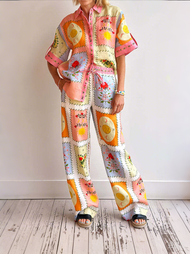 Fashion Print Shirt Trousers Suit
