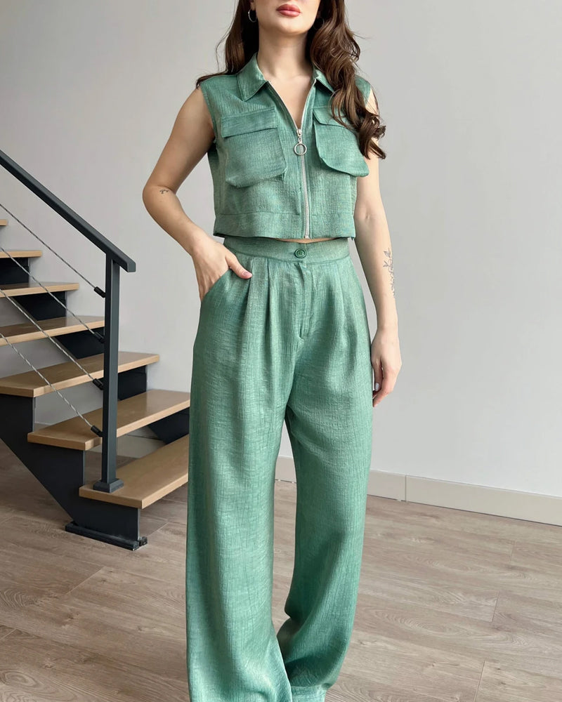 Detail Pocket Zip Vest & Pants Two-Piece Set