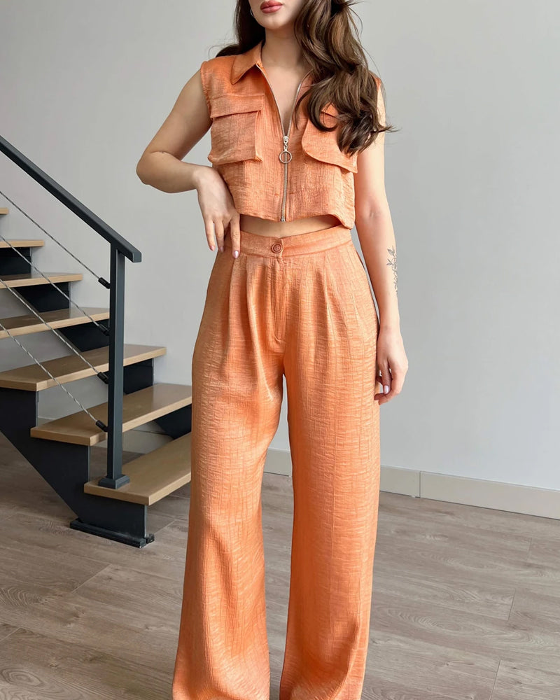 Detail Pocket Zip Vest & Pants Two-Piece Set