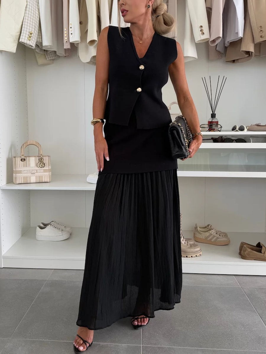 Chic knitted patchwork sleeveless two-piece set