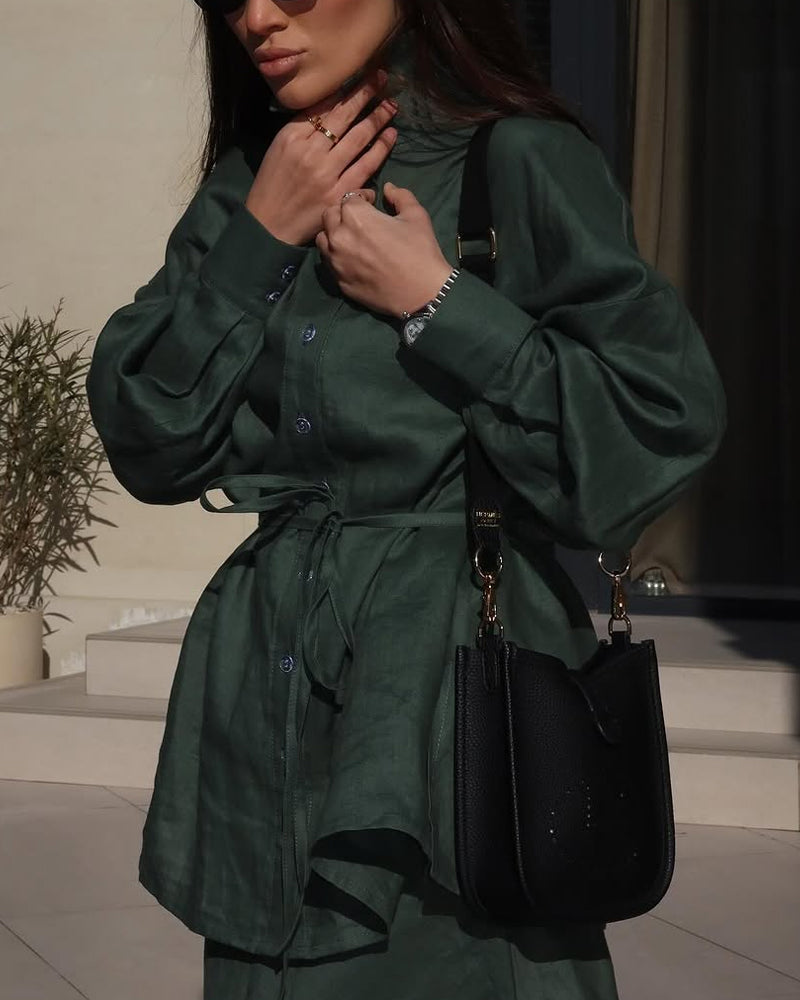 Casual Solid Shirt & Skirt Two-Piece Set