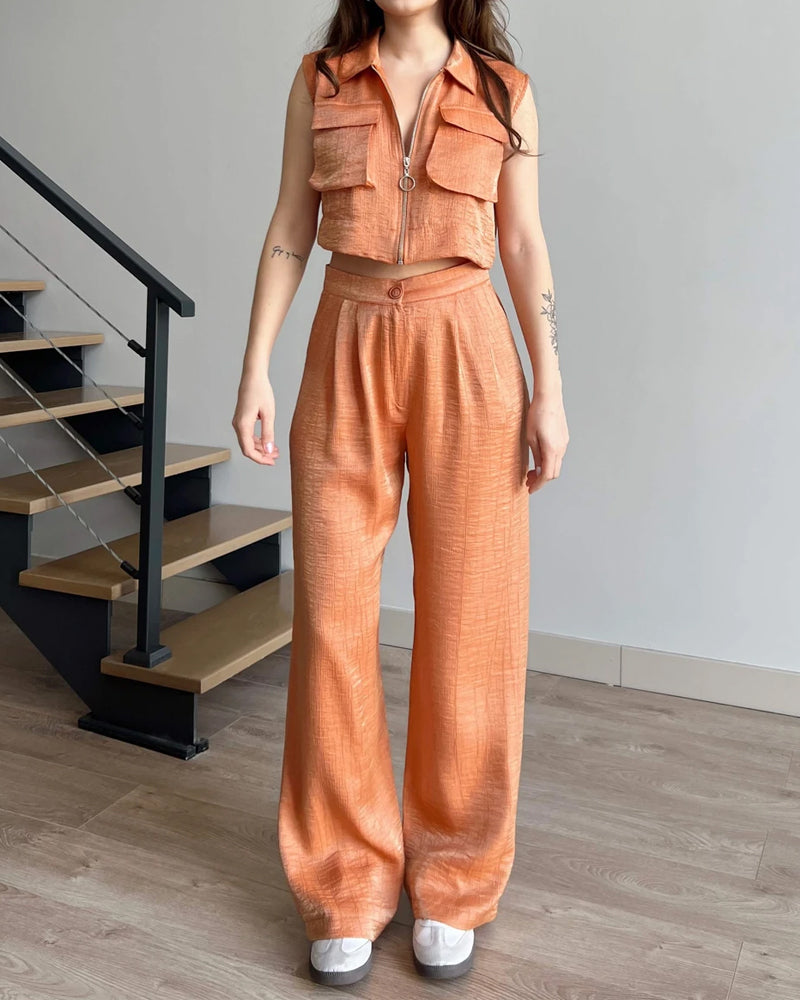 Detail Pocket Zip Vest & Pants Two-Piece Set