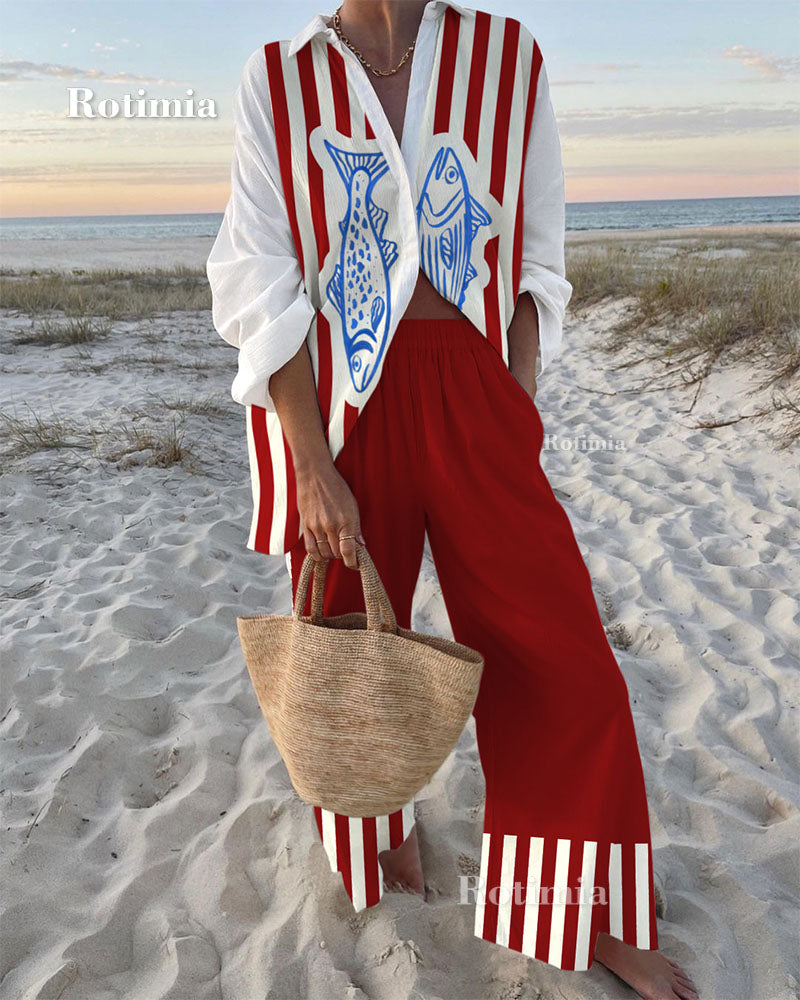 Vintage Striped Fish Print Sleeveless Dress