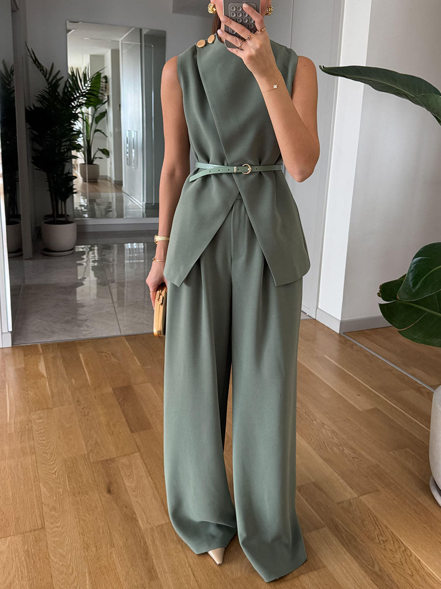 Metal buckle commuter sleeveless two-piece set