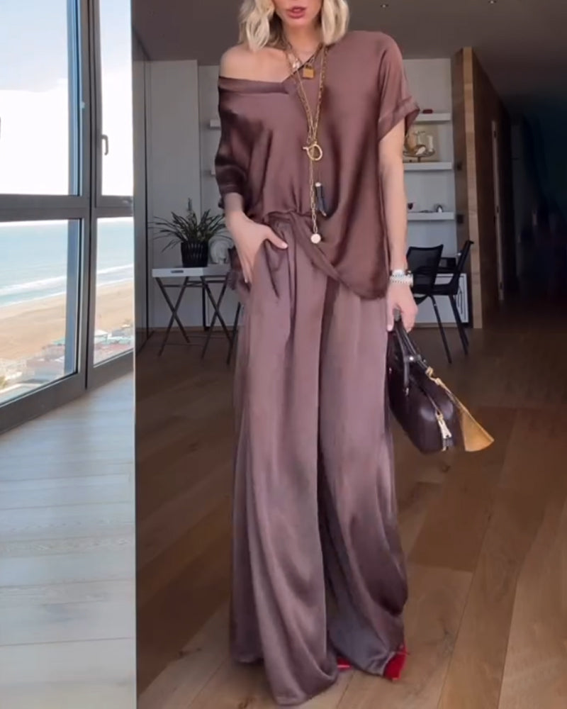 Solid V-Neck Top & Pants Two-Piece Set
