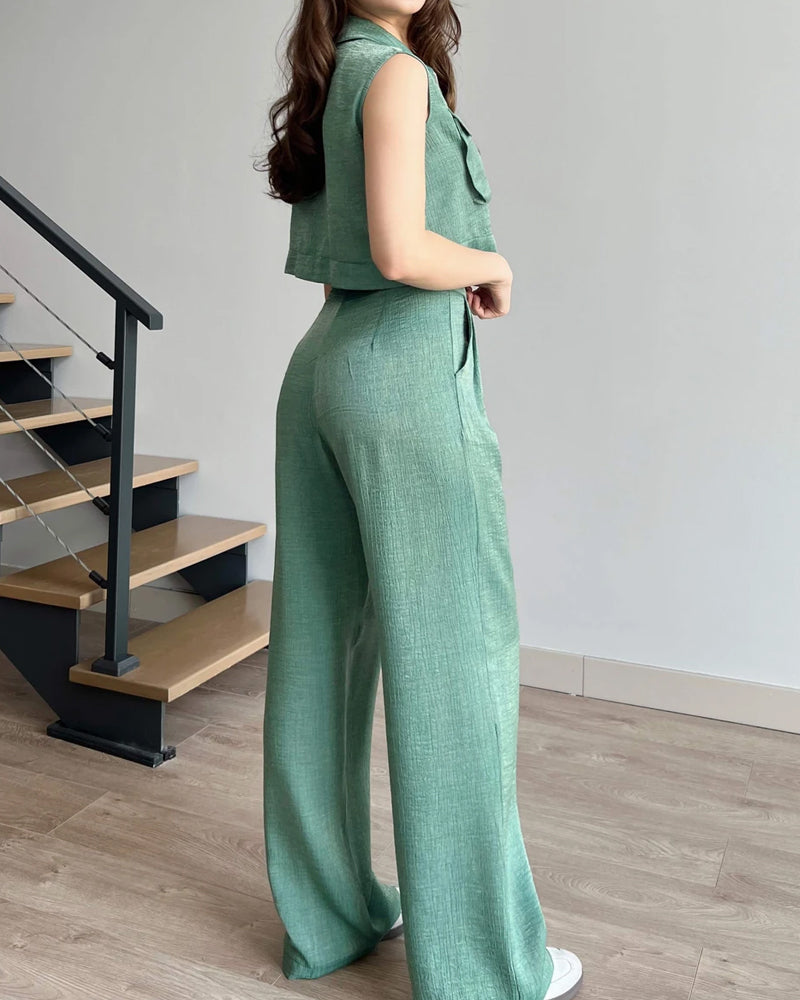 Detail Pocket Zip Vest & Pants Two-Piece Set