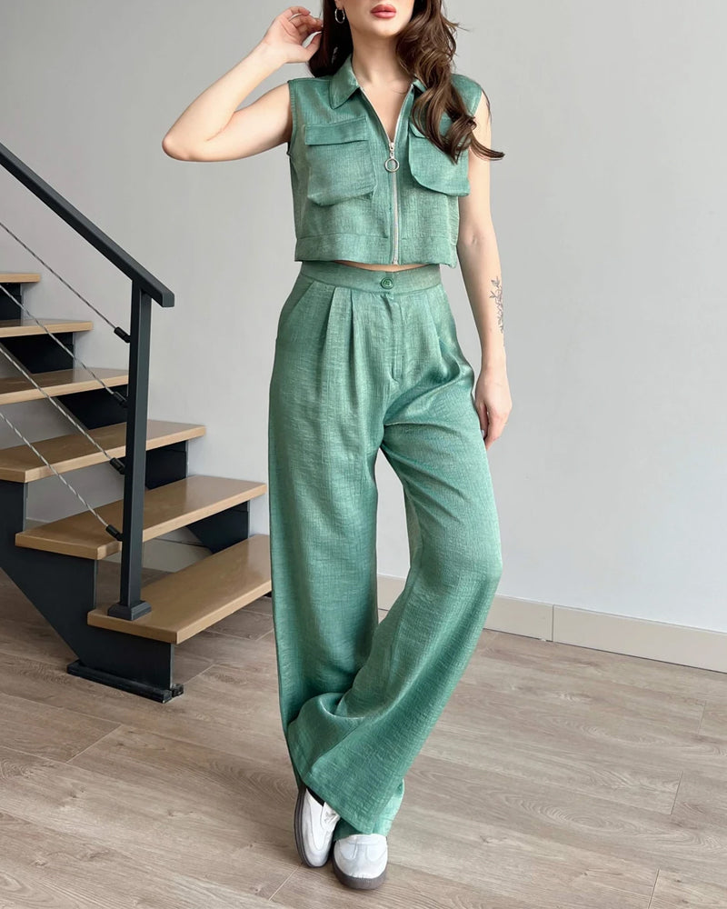 Detail Pocket Zip Vest & Pants Two-Piece Set