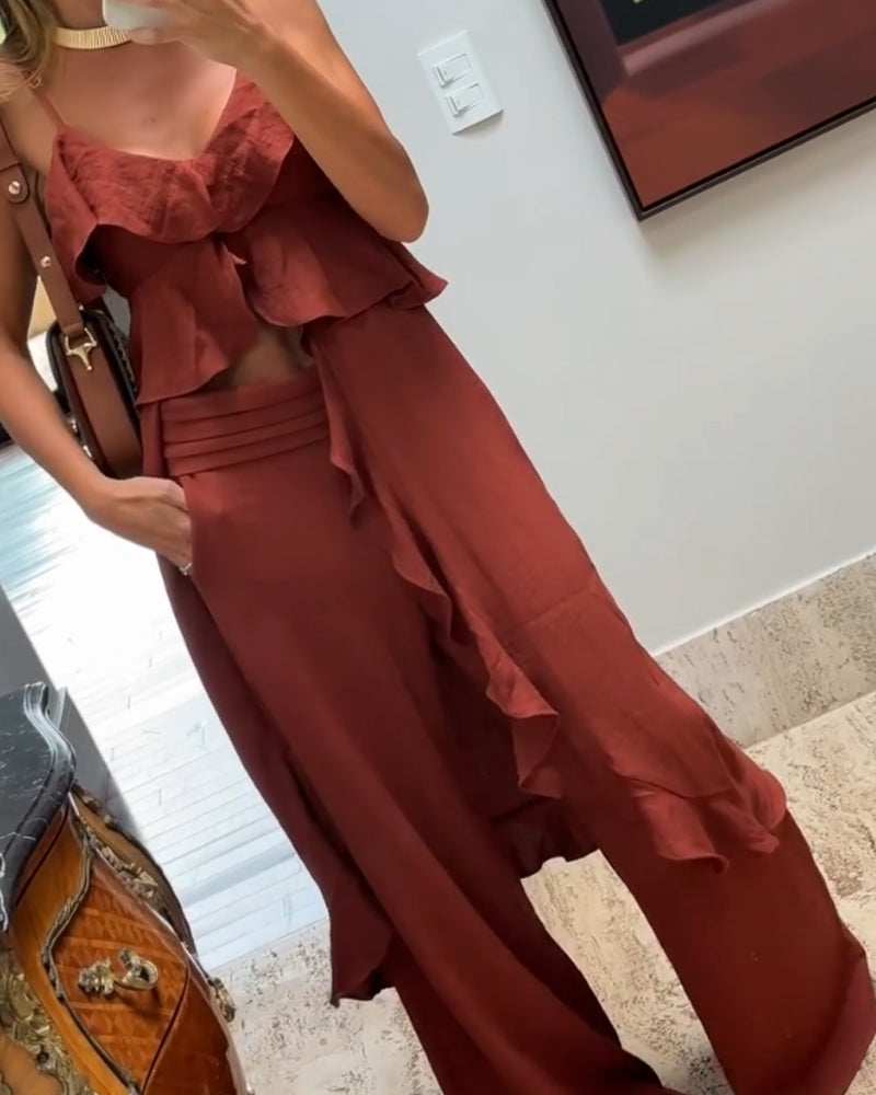 Design-Sense Irregular Ruffled Top & Pants Two-Piece Set