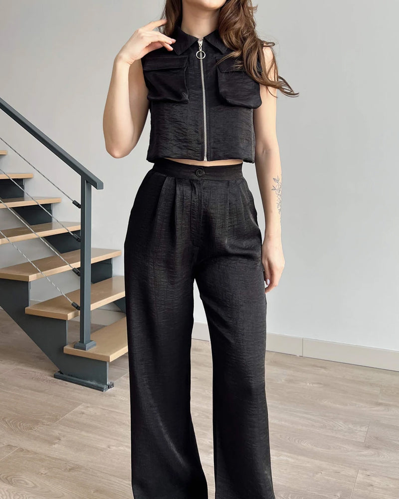 Detail Pocket Zip Vest & Pants Two-Piece Set