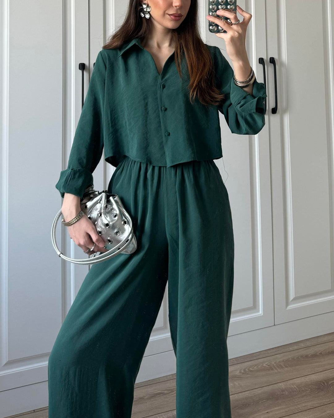 Casual Solid Color Shirt & Pants Two-piece Set