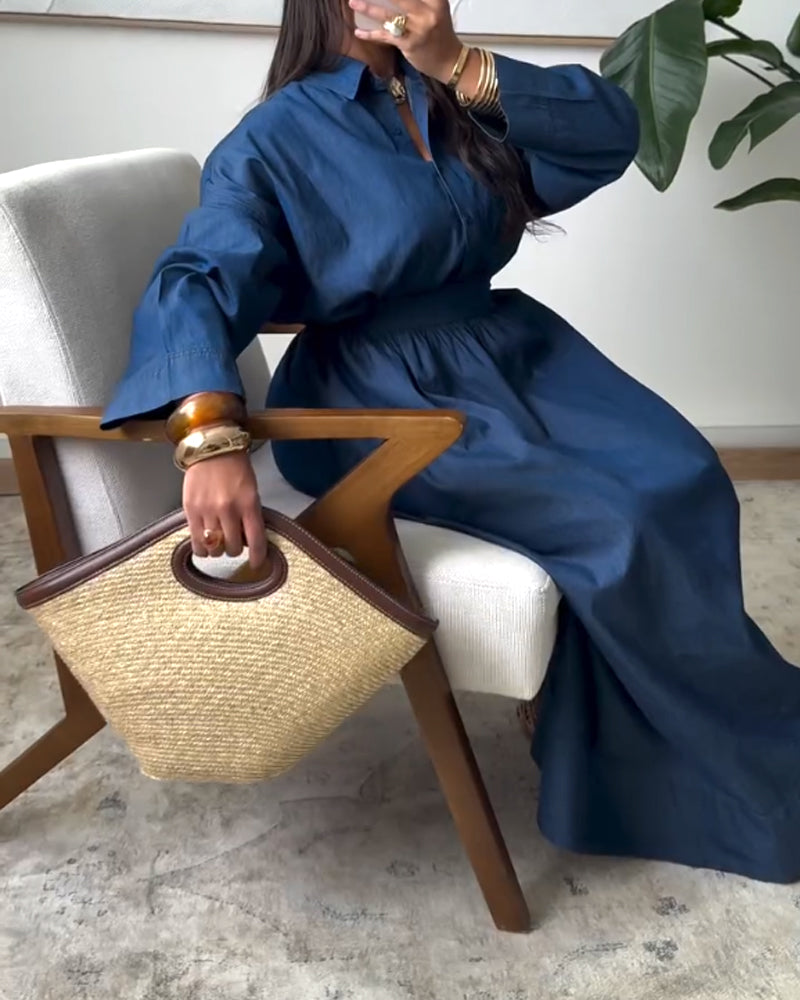 Casual Solid Shirt & Skirt Two-Piece Set