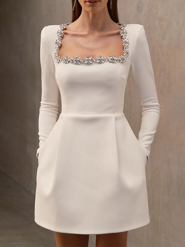 Stylish Elegant Square Collar Solid Color Dress