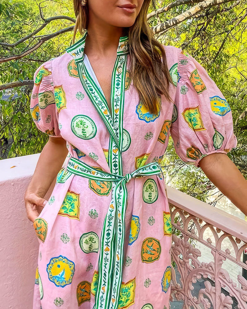 Thea™ - Balloon Sleeves Printed Belt Pocket Midi Dress