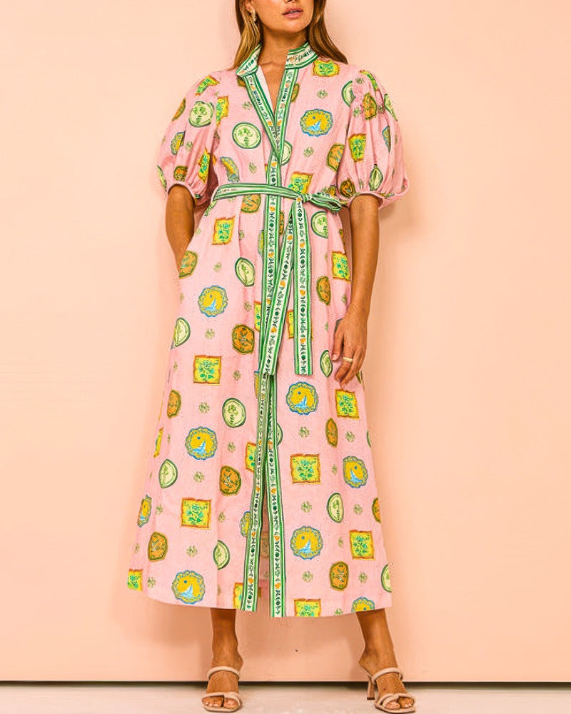 Thea™ - Balloon Sleeves Printed Belt Pocket Midi Dress
